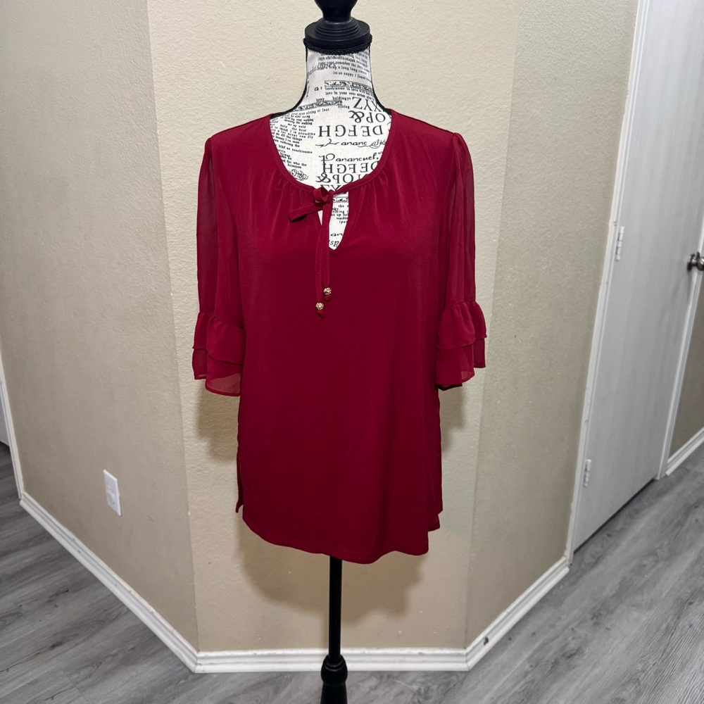 Susan Graver Burgundy Blouse with Ruffle Sleeves